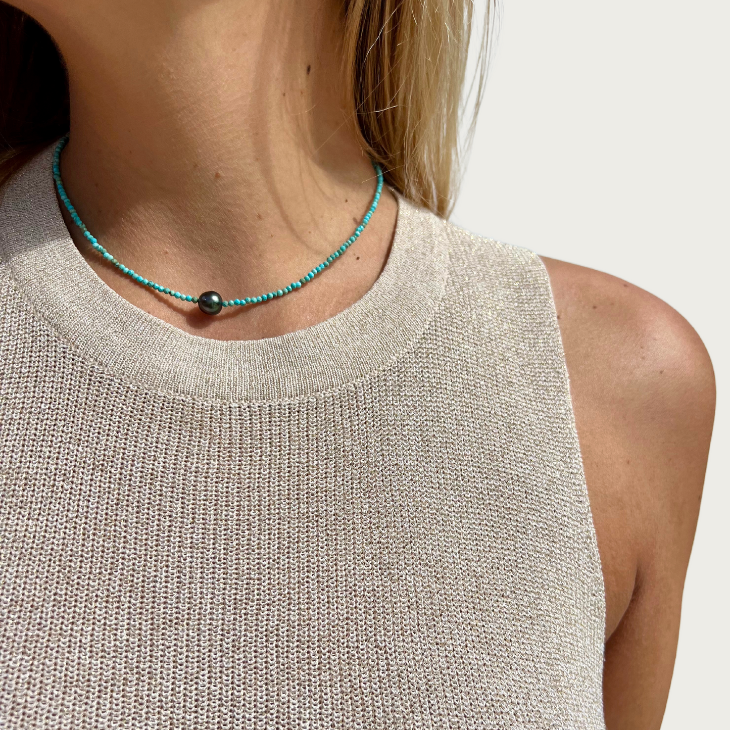 collier perle de tahiti et pierres turquenite